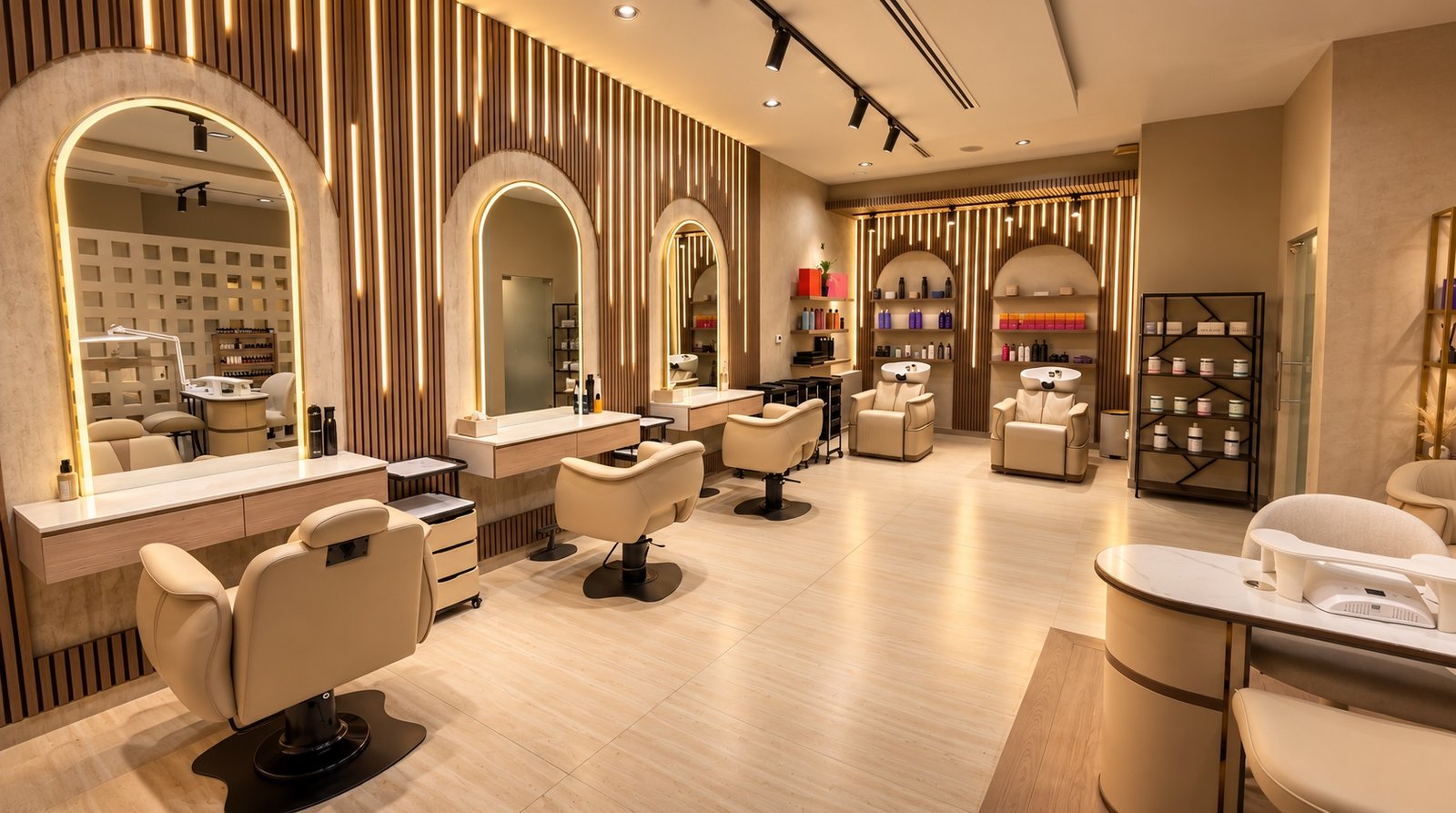 AI-enhanced wide interior of Helora Beauty Lounge